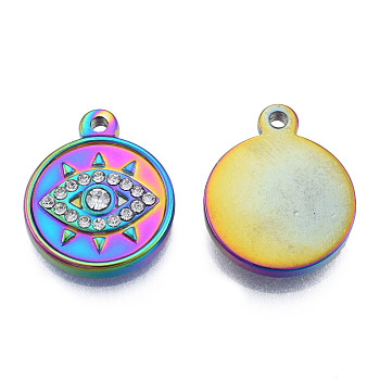 304 Stainless Steel Pendants, with Crystal Rhinestone, Flat Round with Eye, Rainbow Color, 19x15.5x3mm, Hole: 1.6mm