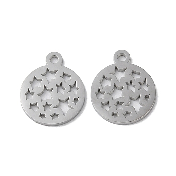 304 Stainless Steel Charms, Laser Cut, Flat Round with Star Charms, Stainless Steel Color, 14.5x12x1mm, Hole: 1.6mm
