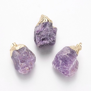 Natural Amethyst Pendants, with Brass Findings, Nuggets, Golden, 30.5~38x20~30x14~21.5mm, Hole: 5x8mm