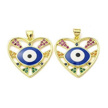 Real 18K Gold Plated Brass Pendants, with Cubic Zirconia and Enamel, Heart with Evil Eye Charms, Blue, 24x25x3mm, Hole: 4.5x3.5mm