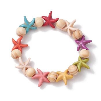 Beach Starfish Dyed Synthetic Turquoise Stretch Bracelets, Summer Wood Beaded Kid Bracelets for Girls, Colorful, Inner Diameter: 1-3/4 inch(4.32~4.55cm), Bead: 7x8~8.5mm, Starfish: 14x14mm