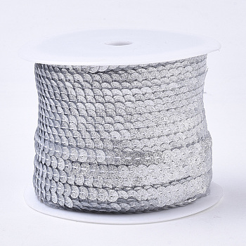 Ornament Accessories Plastic Paillette Bead Strands, with Glitter Powder, Sequins Trim, Flat Round, Silver, 6x0.3mm, Hole: 1.2mm, about 100yards/roll