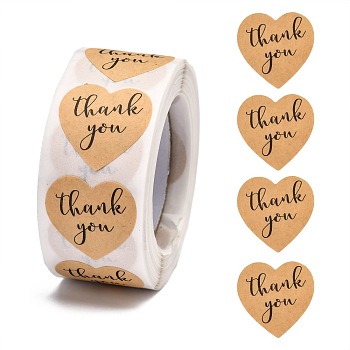 1 Inch Thank You Stickers, Self-Adhesive Kraft Paper Gift Tag Stickers, Adhesive Labels, Heart with Word Thank you, Tan, Heart: 25x25mm, 500pcs/roll