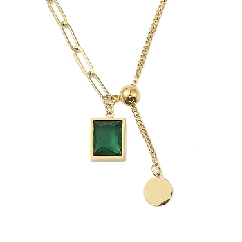 304 Stainless Steel Pave Green Cubic Zirconia Rectangle Pendant Necklaces, Long-Lasting Plated, Real 18K Gold Plated, 18.82 inch(47.8cm), Extender: 58mm, Pendant: 14x10mm