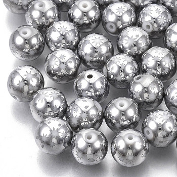 Christmas Electroplate Glass Beads, Round with Star Pattern, Platinum Plated, 10mm, Hole: 1.2mm