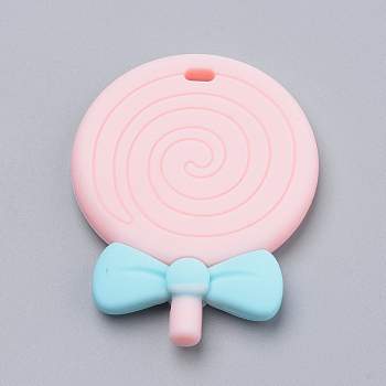 Food Grade Eco-Friendly Silicone Big Pendants, Chewing Pendants For Teethers, DIY Nursing Necklaces Making, Lollipop, Light Salmon, 57x44x6mm, Hole: 3x6mm