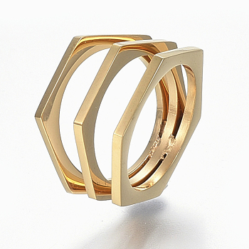 304 Stainless Steel Wide Band Finger Rings, Hexagon, Size 7, Golden, 17mm