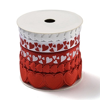 10 Yards 5 Styles Valentine's Day Polyester Ribbons, Heart, Cerise, 1/4~~5/8 inch(7.5~16.5mm), 2 yards/style