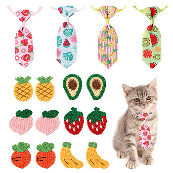 Fruit Theme Polyester Pet Ties & Crochet Appliques Sets, Pet Collars, with Plastic Adjuster Buckle, Mixed Patterns, Tie: 235~430mm, 4 colors, 1pc/color, 4pcs