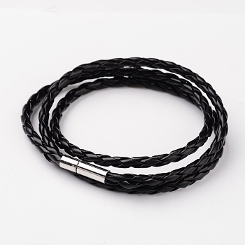 Braided Imitation Leather Cord Wrap Bracelets, with Brass Clasps, Black, 590x5mm