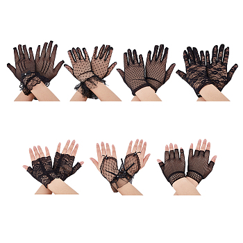 SUPERFINDINGS 7 Pairs 7 Style Nylon & Polyester Stretch Short Fishing Net Gloves, Lace Gloves for Women, Black, 133~260x67~125x1.3~20mm, 1 pair/style