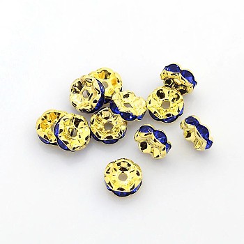 Brass Rhinestone Spacer Beads, Grade A, Rondelle, Golden and Nickel Free, Sapphire, about 8mm in diameter, 3.8mm thick, hole: 1.5mm