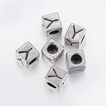 304 Stainless Steel Large Hole Letter European Beads, Cube with Letter.Y, Antique Silver, 8x8x8mm, Hole: 5mm