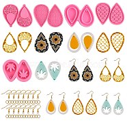 DIY Dangle Earring Making Kits, including 5Pcs Teardrop Silicone Molds, 50Pcs Brass Earring Hook and 50Pcs Iron Open Jump Ring, Pink, 52x67.5x5mm, Hole: 2mm, Inner Diameter: 49mm(DIY-SZ0006-64)