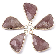 Natural Strawberry Quartz Pendants, with Light Gold Plated Brass Edge and Loop, Triangle, Faceted, 25~26x16x6mm, Hole: 2.5mm(G-N326-32G)
