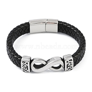 Braided Microfiber Leather Cord Bracelets, with 304 Stainless Steel Magnetic Clasps, Infinity, Antique Silver, 8-1/4 inch(21cm)(BJEW-P328-11AS)