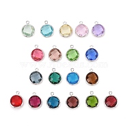 Glass Charms, with Platinum Plated Brass Findings, Long-Lasting Plated, Lead Free & Nickel Free & Cadmium Free, Faceted Flat Round, Mixed Color, 7x4x1.8mm, Hole: 0.8mm(KK-C228-02P-M3)
