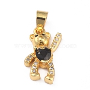 Brass Clear Cubic Zirconia Pendants, Long-Lasting Plated, Real 18K Gold Plated, Bear, Black, 17x11x4mm, Hole: 3.5x4mm(ZIRC-J025-81G-03)