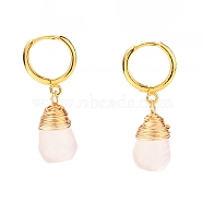 Brass Huggie Hoop Earrings, with Wire Wrapped Faceted Natural Rose Quartz Pendants, Teardrop, Golden, 33.5~34mm, Pin: 1mm(EJEW-JE04294-04)