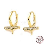 925 Sterling Silver Micro Pave Clear Cubic Zirconia Hoop Earring Findings, for Half Drilled Pearl Beads, Rectangle, Real 18K Gold Plated, 13.8x9.5mm, Pin: 0.7mm & 0.8mm(STER-G036-01G)