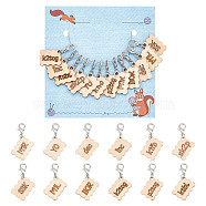12Pcs 12 Style Wood Pendant Locking Stitch Markers, Crochet Lobster Clasp Charms, Rectangle Knitting Direction Guide, Cornsilk, 3.2cm, 1pc/style(HJEW-AB00643)
