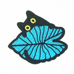 Computerized Embroidery Cloth Iron on/Sew on Patches, Costume Accessories, Cat with Leaf, Cyan, 8.6x8.9cm(DIY-F034-D03)