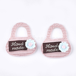 Handmade Cotton Cloth Costume Accessories, with Resin Flower, Handbag with Word Hand Made, Pink, 30~32x28~30x7mm(X-FIND-T021-10D)