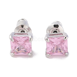 Rack Plating Brass Micro Pave Cubic Zirconia Stud Earrings, Long-lasting Plated, Square, Platinum, Pink, 6.5x6.5mm(EJEW-I304-01P-03)