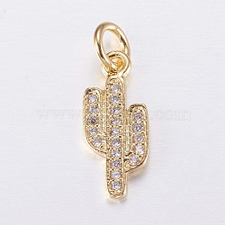 Brass Micro Pave Cubic Zirconia Charms, Cactus, Golden, 15x6.5x1mm, Hole: 3mm(ZIRC-E135-34G)