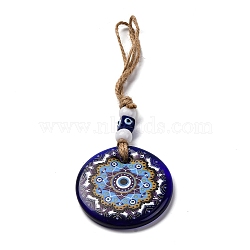 Flat Round with Evil Eye Lampwork Pendant Decoration, Resin Beads and Hemp Rope Hanging Ornaments, Dark Blue, 210~235mm(HJEW-Z005-01C)