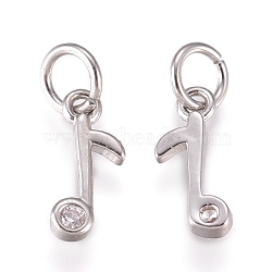Brass Charms, with Micro Pave Cubic Zirconia and Jump Rings, Musical Note, Clear, Platinum, 9x4x1.5mm, Hole: 2mm(ZIRC-L070-89P)