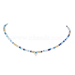 Glass Beaded Necklaces, with Natural White Shell Mother of Pearl Shell Beads Necklaces, Evil Eye, Hamsa Hand, 16.34 inch(41.5cm)(NJEW-JN04896-03)