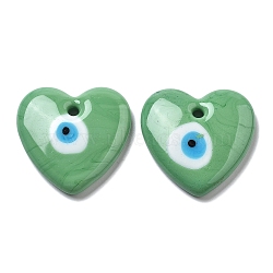 Handmade Evil Eye Lampwork Pendants, Heart Charms, Medium Sea Green, 34.5~35x35~35.5x6.5~8mm, Hole: 3mm(LAMP-F035-11G)