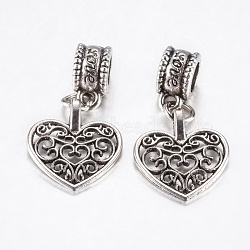 Tibetan Style Alloy European Dangle Charms, Large Hole Pendants, Hollow Heart, Antique Silver, 28mm, Pendant: 16.5x15x1.5mm, Hole: 4.5mm(PALLOY-F199-28AS)