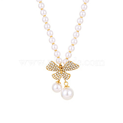 304 Stainless Steel Bowknot Pendant Necklace with Natural Pearl Beaded, Golden, 14.57 inch(37cm)(ZX4765-2)