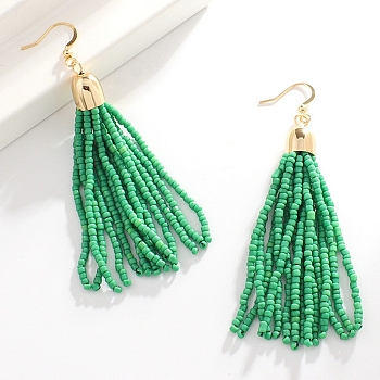 Boho Seed Bead Tassel Earrings, Iron Dangle Earring for Women, Golden, Green, 98x16mm