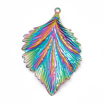 Ion Plating(IP) 304 Stainless Steel Bigs Pendants, Leaf Charm, Rainbow Color, 62x40x4mm, Hole: 2mm