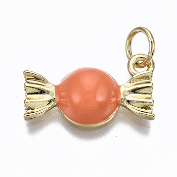 Brass Enamel Charms, with Jump Rings, Cadmium Free & Nickel Free & Lead Free, Real 16K Gold Plated, Candy Shape, Coral, 9.5x16x4mm, Jump Ring: 4.8x0.6mm, 3.6mm inner diameter