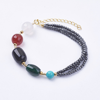 Synthetic Hematite Beaded Bracelets, with Natural Agate, Brass Findings and Spring Ring Clasps, Real 14K Gold Plated, 6-3/4 inch(170mm)