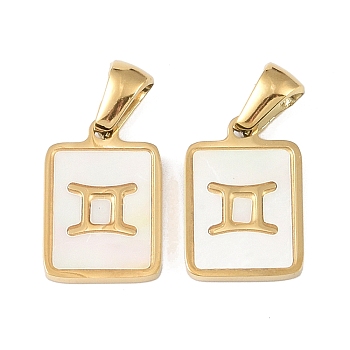 Constellations Natural White Shell Pendants, Ion Plating(IP) 304 Stainless Steel Rectangle Charms, Real 18K Gold Plated, Gemini, 16x10.5x1.5mm, Hole: 5x3mm