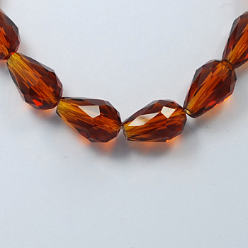 Glass Beads Strands, Faceted, Drop, Saddle Brown, 11x8mm, Hole: 1mm, about 57~59pcs/strand, 26.38~26.77 inch
