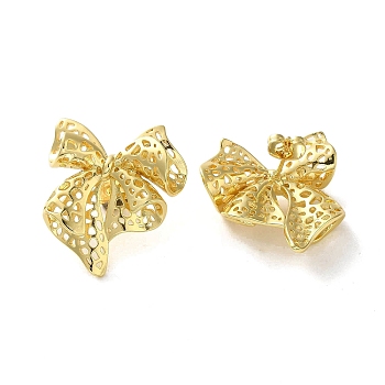 Brass Stud Earrings, Bowknot, Real 18K Gold Plated, 28.5x20.5mm