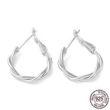 Rhodium Plated 925 Sterling Silver Hoop Earrings, Twist Wire, with S925 Stamp, Real Platinum Plated, 26.5x3x19.5mm