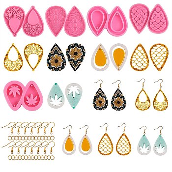 DIY Dangle Earring Making Kits, including 5Pcs Teardrop Silicone Molds, 50Pcs Brass Earring Hook and 50Pcs Iron Open Jump Ring, Pink, 52x67.5x5mm, Hole: 2mm, Inner Diameter: 49mm