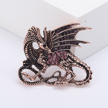 Dragon Rhinestone Pins, Alloy Brooches for Unisex Gift, Red Copper, 39x33mm