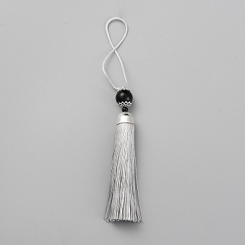 Polyester Tassel Big Pendants Decorations, with Acrylic Beaded and Platinum Alloy Findings, Light Grey, 188mm