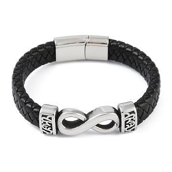 Braided Microfiber Leather Cord Bracelets, with 304 Stainless Steel Magnetic Clasps, Infinity, Antique Silver, 8-1/4 inch(21cm)