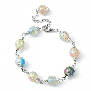 Resin with Gold Foil Round Beaded Chain Bracelet, Mixed Color, 7-3/4 inch(19.6cm)