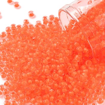 TOHO Round Seed Beads, Japanese Seed Beads, (803F) Frosted Luminous Neon Salmon, 8/0, 3mm, Hole: 1mm, about 220pcs/10g