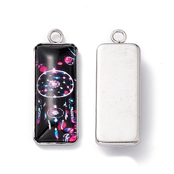 Bohemian Style Glass Pendants, with 201 Stainless Steel Finding, Rectangle with Woven Net/Web with Feather Pattern, Stainless Steel Color, Black, 30x11x5mm, Hole: 2mm